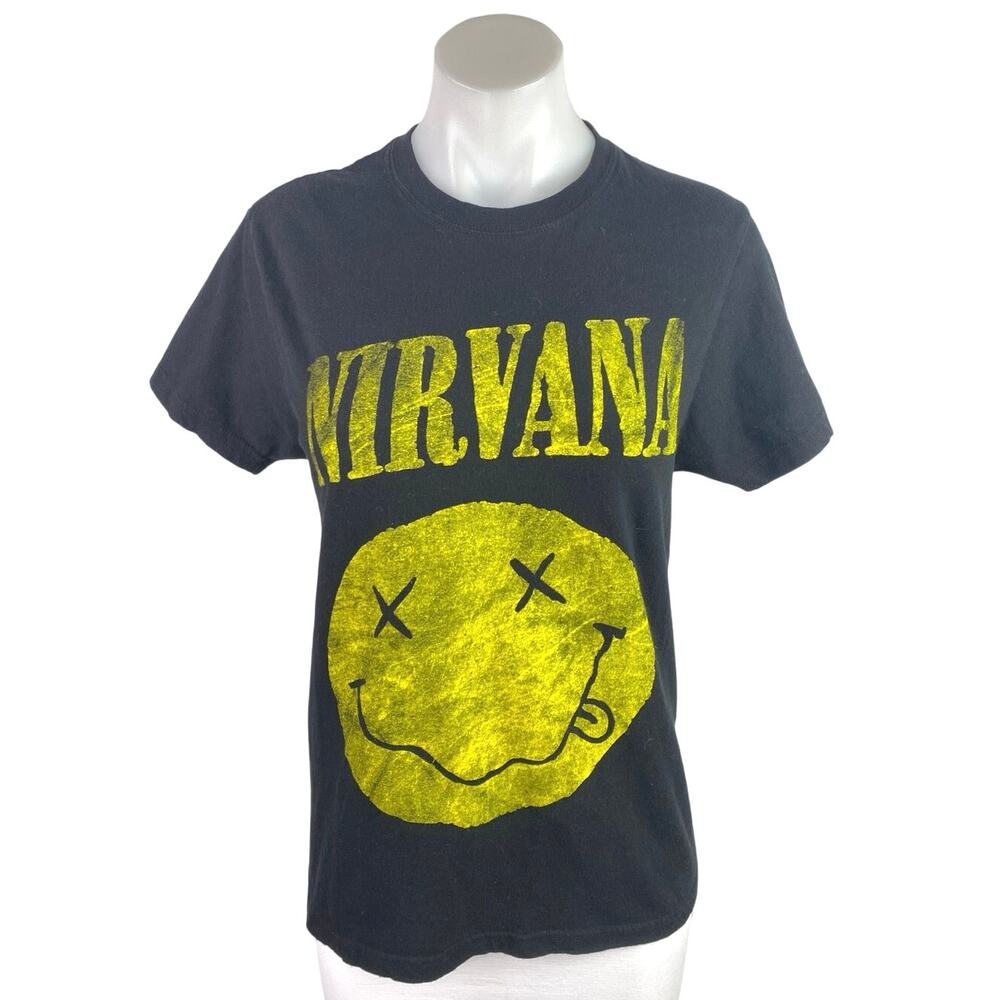 Nirvana Black Yellow Smiley Short Sleeve Graphic Rock Band Tee T-Shirt Top S